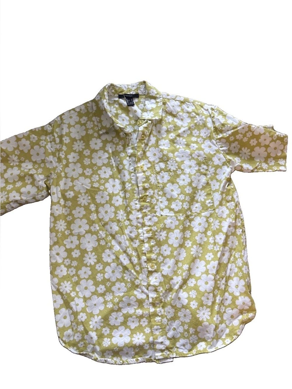 Forever 21 Women's Green White Daisy Floral Button Up Shirt Blouse Size S